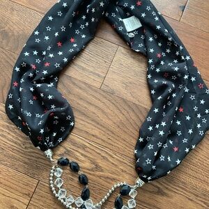 Starry Black and Red Scarf with Beaded Ends